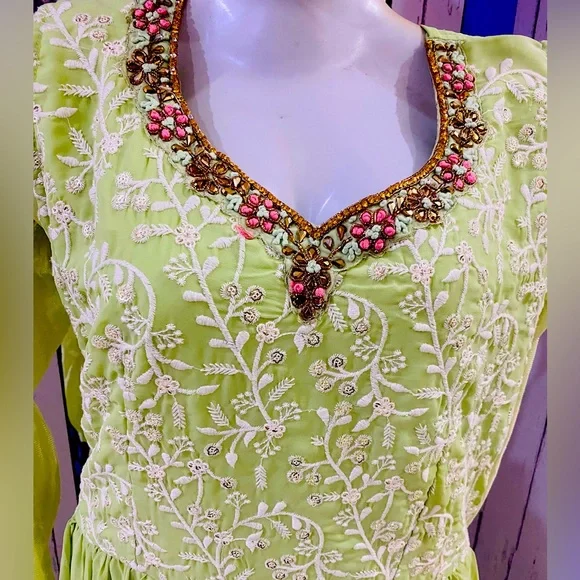 Full flaired beautifully embroidered pastel green gown for party wear - Picture 3 of 11